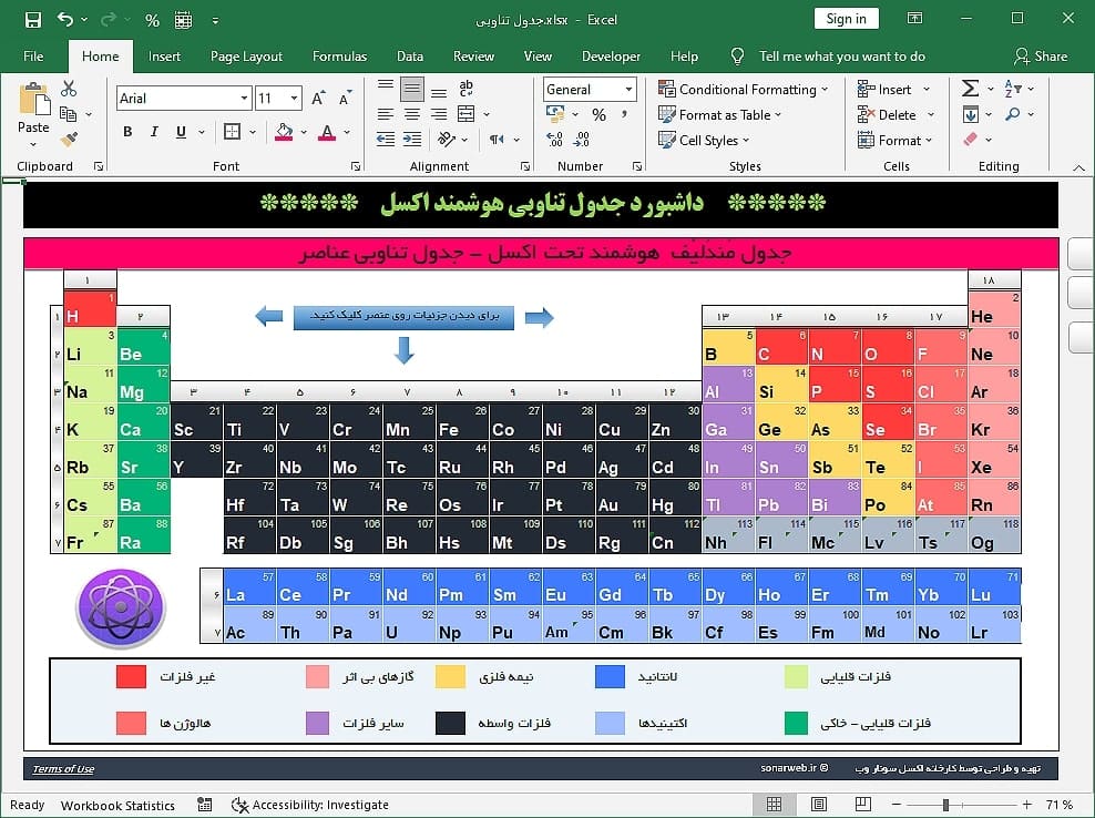 فایل اکسل جدول تناوبی عنصرهای شیمیایی جدول مندلیف + اطلاعات عناصر فایل اکسل جدول تناوبی عنصرهای شیمیایی جدول مندلیف