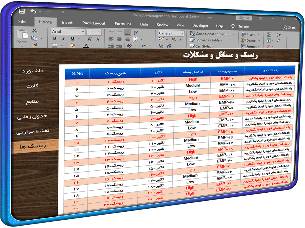 داشبورد مدیریت پروژه در اکسل داشبورد مدیریت پروژه در اکسل ریسک ها
