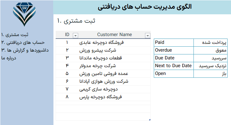 فایل اکسل مدیریت حساب های دریافتنی اکسل مدیریت حساب های دریافتنی ثبت مشتری