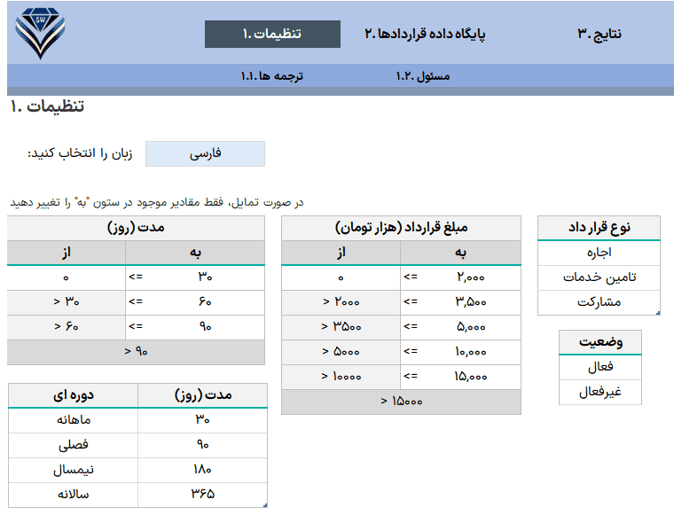 برنامه مدیریت قرارداد با استفاده از اکسل - نرم افزار پیگیری قرارداد در اکسل مدیریت قرارداد در اکسل (تنظیمات)