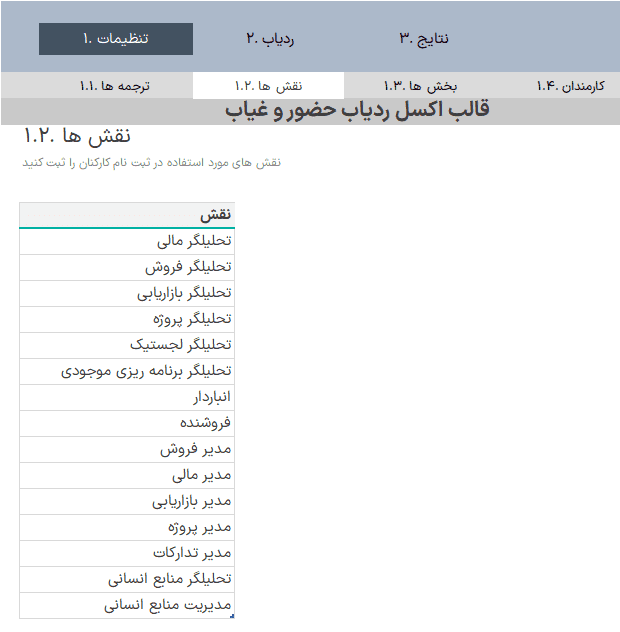 فایل اکسل ردیاب حضور و غیاب کارکنان - مدیریت ثبت مرخصی پرسنل در اکسل اکسل مدیریت حضور و غیاب پرسنل نقش ها