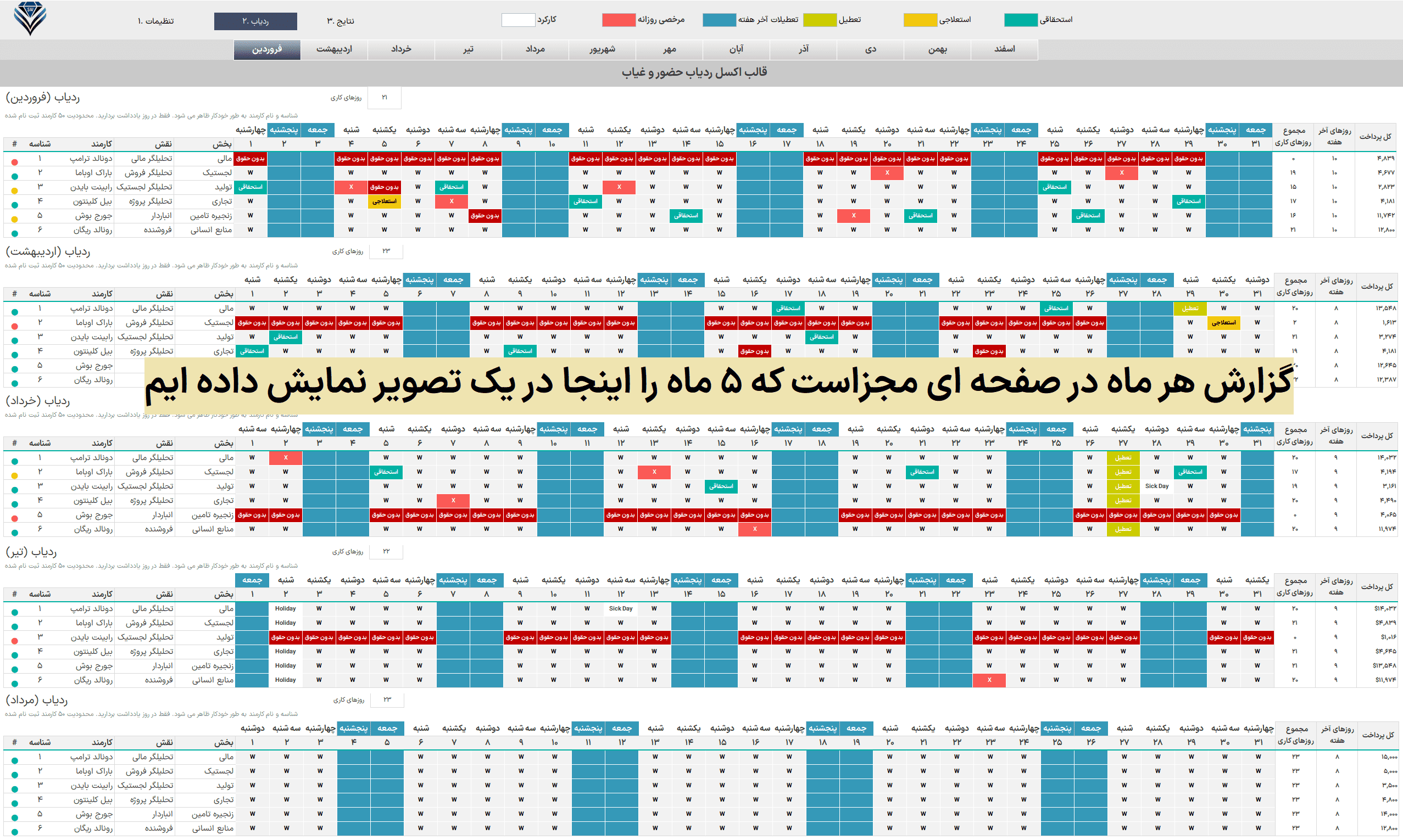 فایل اکسل ردیاب حضور و غیاب کارکنان - مدیریت ثبت مرخصی پرسنل در اکسل اکسل مدیریت حضور و غیاب پرسنل گزارشات ماهانه غیبت ها