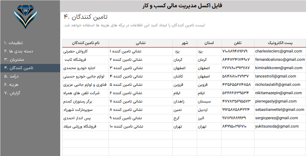 حسابداری در اکسل مدیریت امور مالی - مدیریت درآمد و هزینه در اکسل حسابداری در اکسل مدیریت امور مالی-لیست تامین کنندگان
