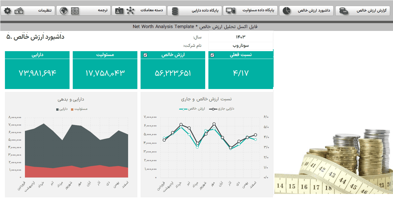 دانلود فایل اکسل تحلیل ارزش خالص دارایی - Net Worth Analysis Template اکسل تحلیل ارزش خالص دارایی_داشبورد ارزش خالص