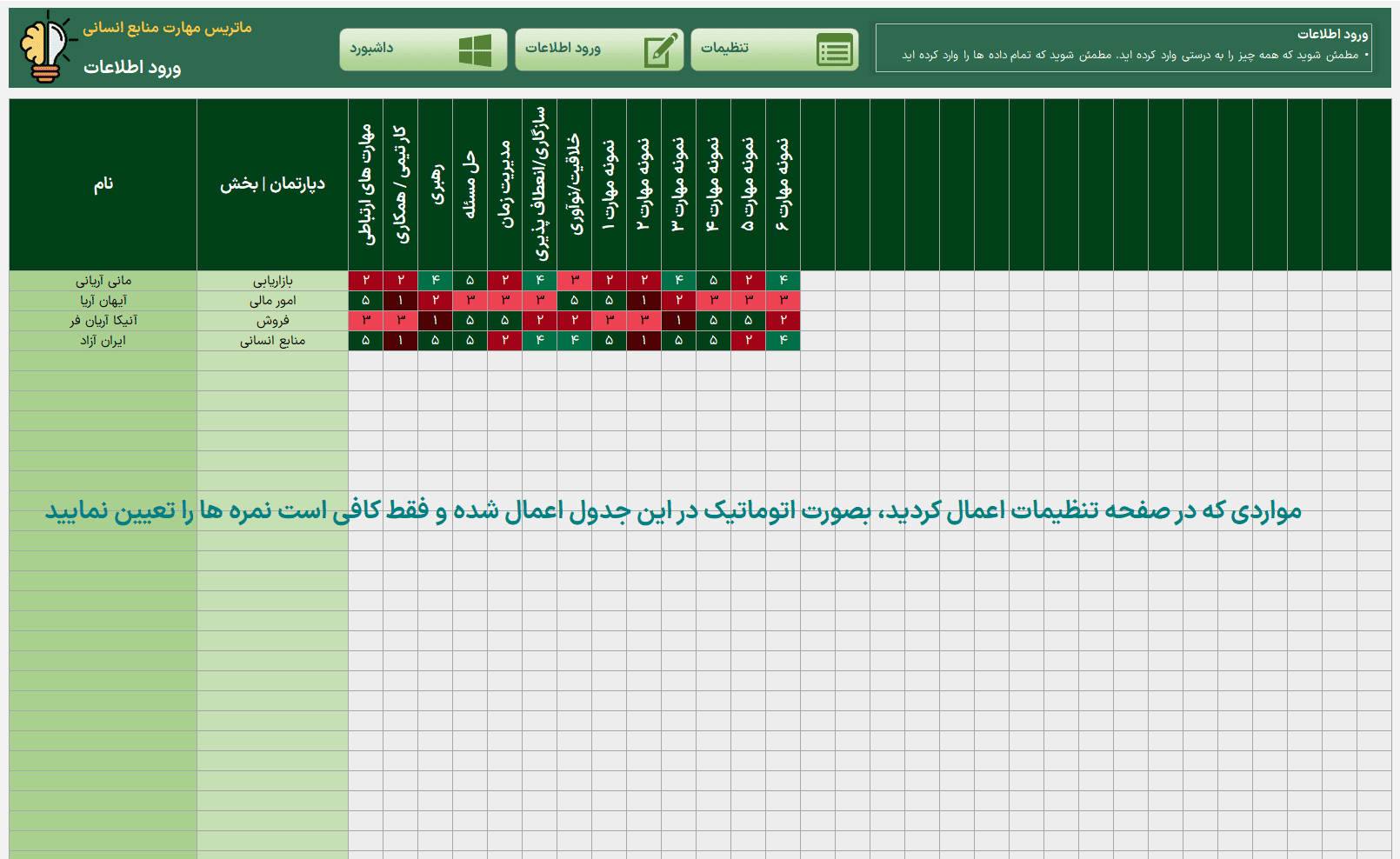 اکسل ماتریس مهارت پرسنل و کارکنان - Skills Matrix Excel - ماتریس شایستگی اکسل ماتریس مهارت پرسنل و کارکنان Skills Matrix_ورود اطلاعات