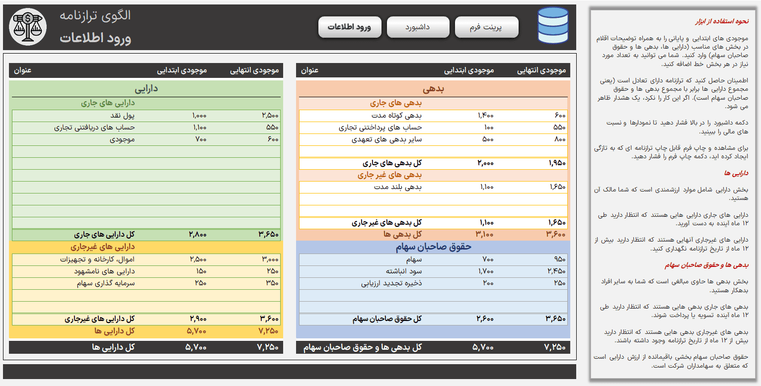 دانلود فایل اکسل ترازنامه - فرم خام صورت سود و زیان - بیلان مالی - Balance Sheet اکسل ترازنامه بیلان مالی فرم خام صورت سود و زیان-ورود اطلاعات