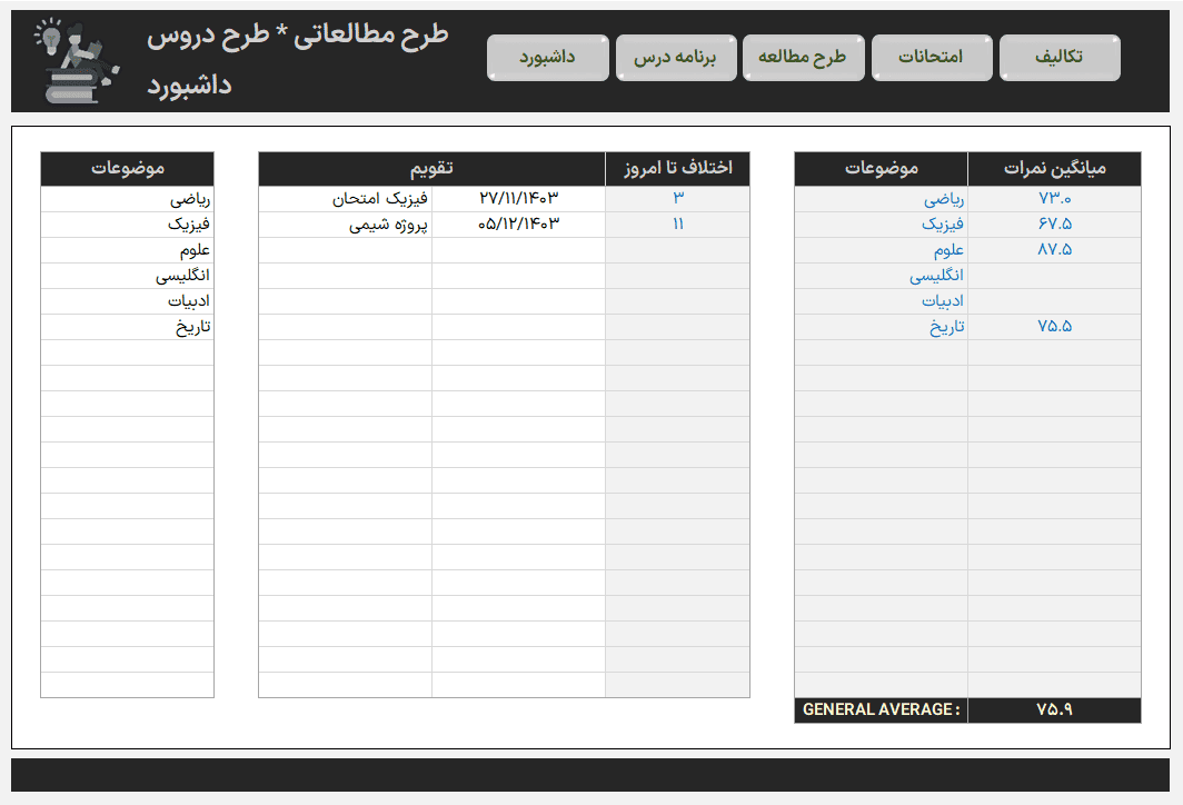 نرم افزار اکسل برنامه ریزی تحصیلی درسی - طرح مطالعه - تمامی مقاطع - STUDY PLAN اکسل برنامه ریزی تحصیلی درسی-داشبورد