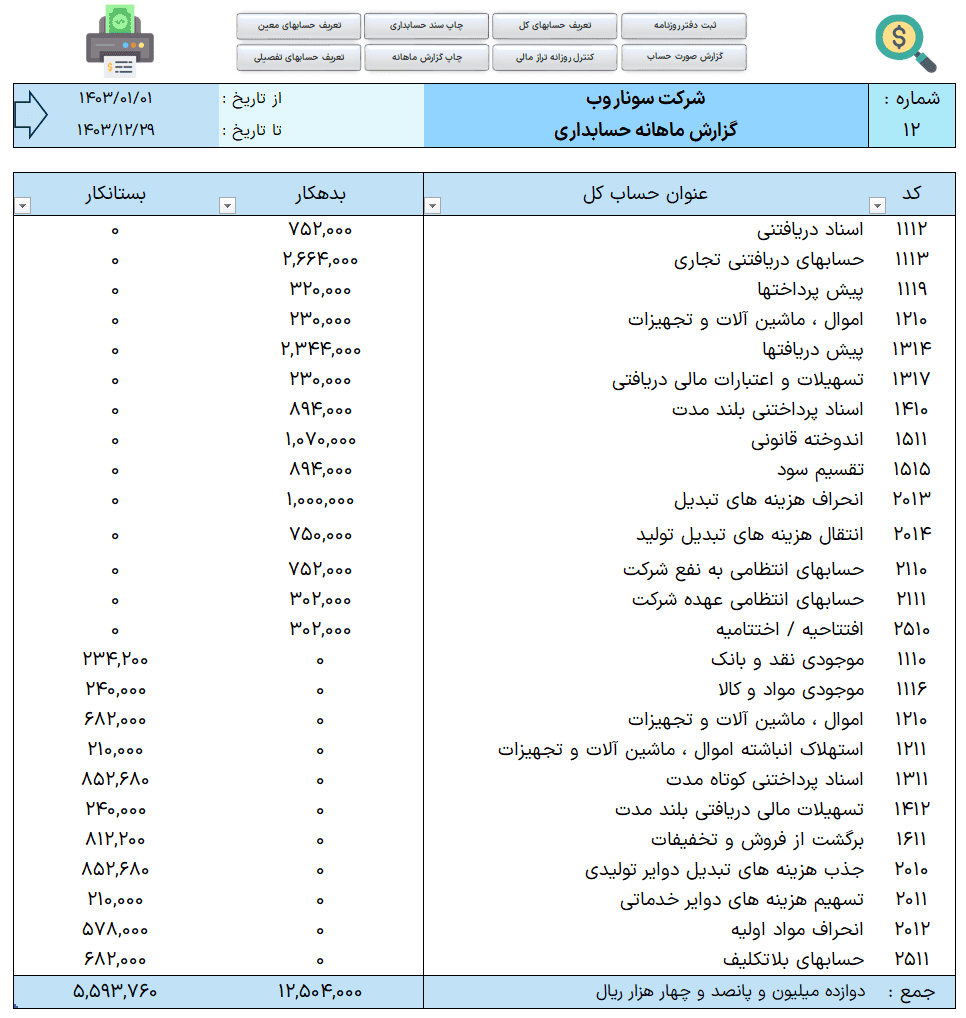 نرم افزار حسابداری اکسل - حسابداری عمومی دفتر روزنامه و کل - حساب کل معین تفصیلی نرم افزار حسابداری اکسل دفتر روزنامه کل معین تفصیلی-گزارش ماهانه