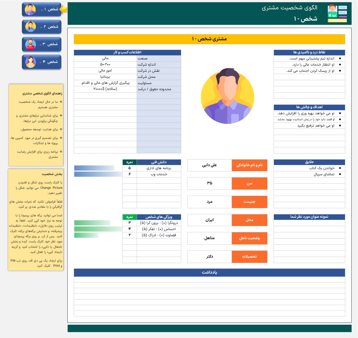 اکسل شخصیت خریدار مشتری (Buyer Persona) پرسونای خریدار و مشتریان اکسل شخصیت خریدار مشتری Buyer Persona-شخص 1