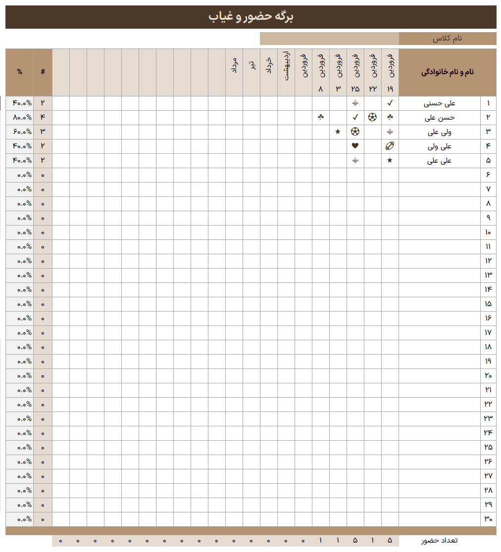 دانلود مجموعه ی 7 فایل اکسل حضور و غیاب - اکسل مرخصی در 100% کاربردی اکسل حضور و غیاب مرخصی attendance-sheet