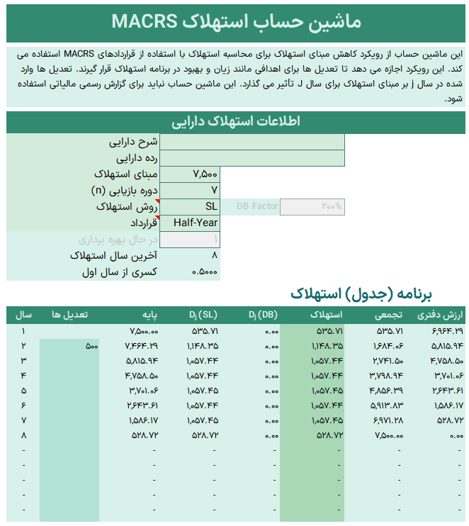 اکسل محاسبه استهلاک به روش خط مستقیم - فایل اکسل ماشین حساب استهلاک اکسل محاسبه استهلاک-ماشین حساب استهلاک MACRS