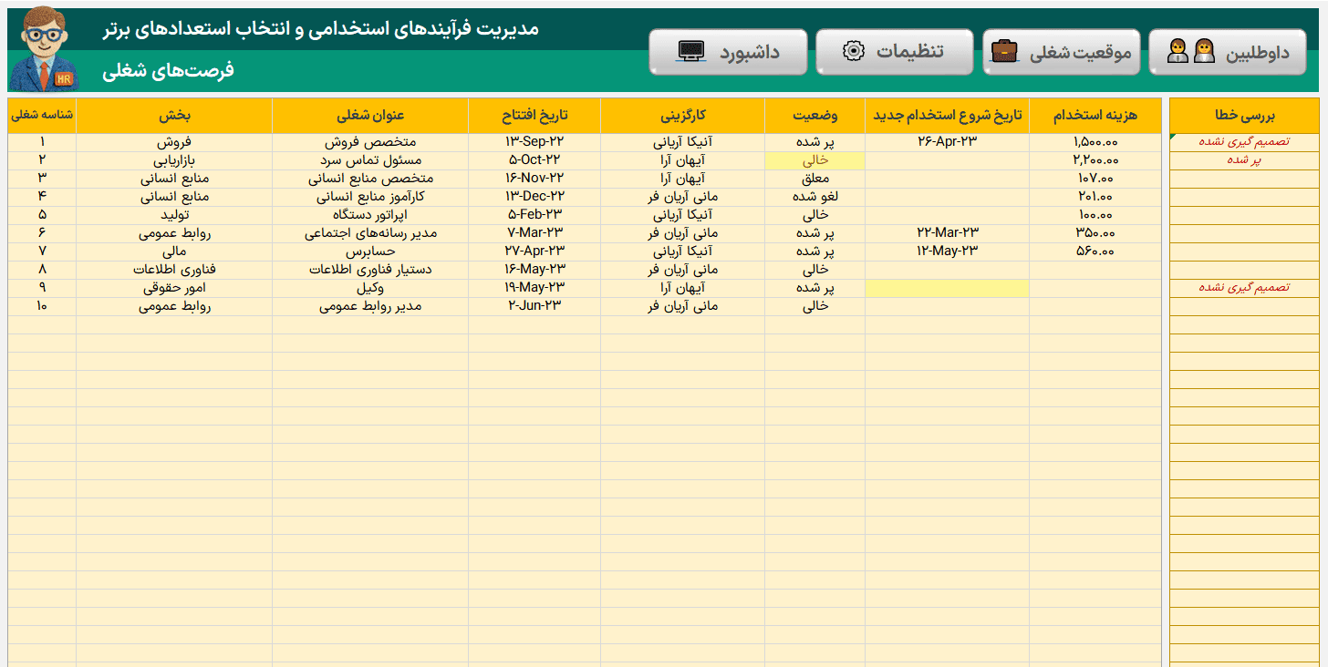 اکسل مدیریت فرآیندهای استخدامی ویژه مدیران نیروی انسانی 100% استاندارد مدیریت فرآیندهای استخدامی-فرصت های شغلی