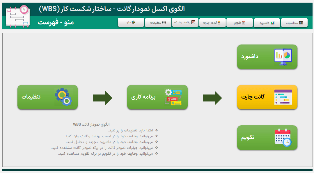 دانلود اکسل نمودار گانت ساختار شکست WBS مناسب مدیران پروژه و تیم های چابک wbs gantt chart اکسل نمودار گانت ساختار شکست-منو