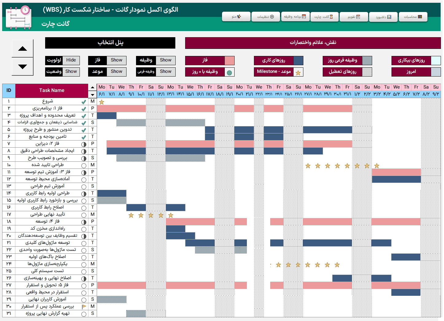 دانلود اکسل نمودار گانت ساختار شکست WBS مناسب مدیران پروژه و تیم های چابک wbs gantt chart اکسل نمودار گانت ساختار شکست-گانت چارت
