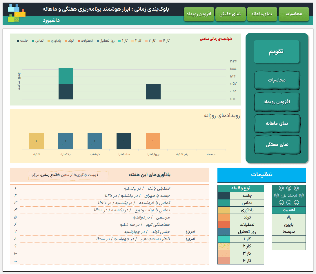 دانلود فایل اکسل برنامه ریزی و ثبت یادآور کارهای روزانه هفتگی ماهانه - مدیریت زمان بندی ثبت یادآور کارهای روزانه-داشبورد