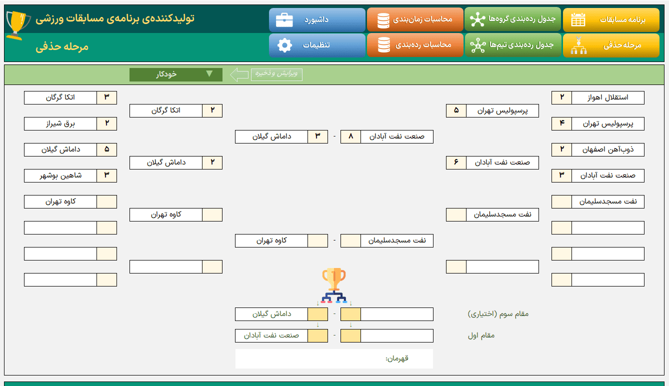 تولید جدول مسابقات در اکسل رده بندی و برنامه ریزی پلی آف تمامی ورزشها تولید جدول مسابقات رده بندی اکسل-مرحله حذفی