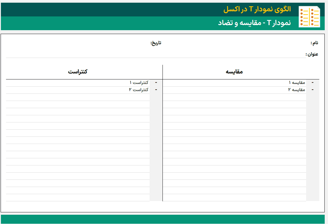 ساخت نمودار T در اکسل T Chart - ابزار تحلیل، مقایسه و تصمیم گیری - تی چارت نمودار T در اکسل-مقایسه و تضاد