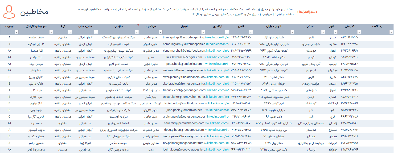 فایل اکسل و راهکار هوشمند برای CRM مدیریت ارتباط با مشتری - مطابق استاندارد جهانی CRM مدیریت ارتباط با مشتری-مخاطبین